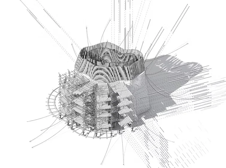 Axonometric line drawing of a layered structure