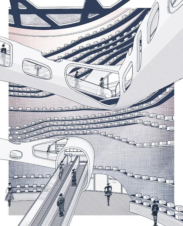 Rendering of a multi-level interior with curved walkways