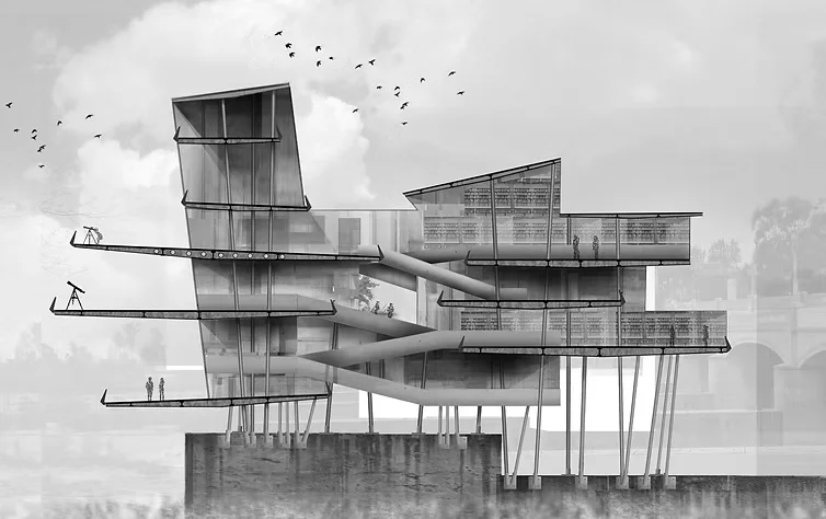 Architectural rendering of a raised building on stilts, in grey tones
