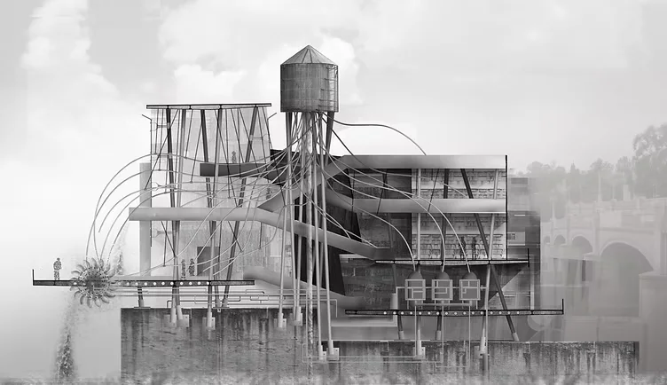 Architectural rendering of an industrial structure with a water tower