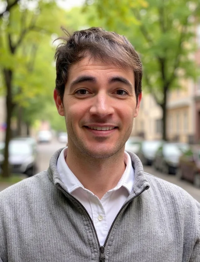 Nathan Adams, smiling, on a tree-lined street