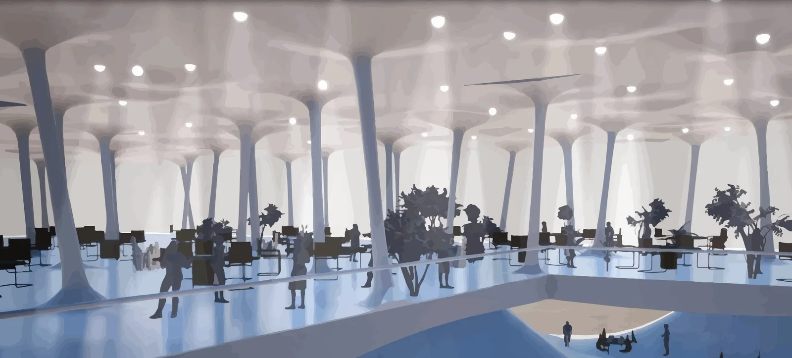 Rendering of a pale blue office floor with tapered columns, small trees and clusters of desks, seen from a mezzanine