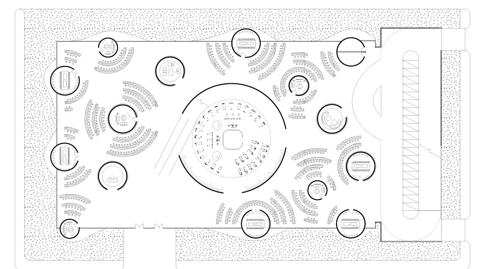 Floor plan with round vaulted rooms and curved walls, a gym at the center