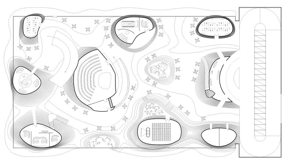 Floor plan with organic walls forming linear work areas and small rooms