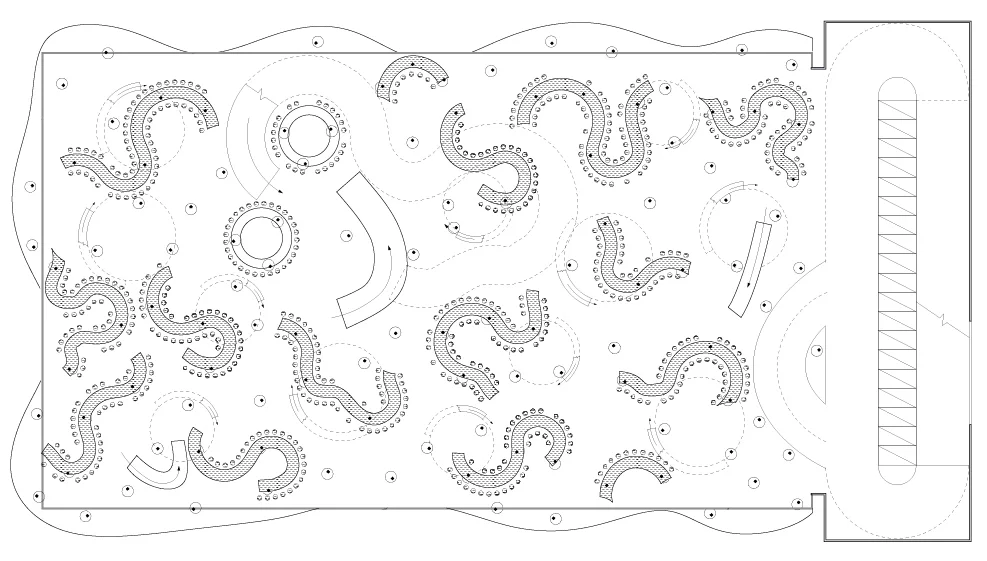 Floor plan dotted with small curved seating clusters, an auditorium at one end