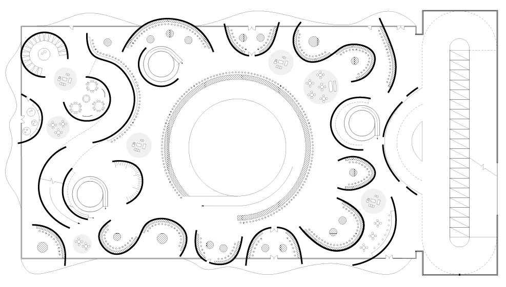 Floor plan with a field of small columns and large curved openings