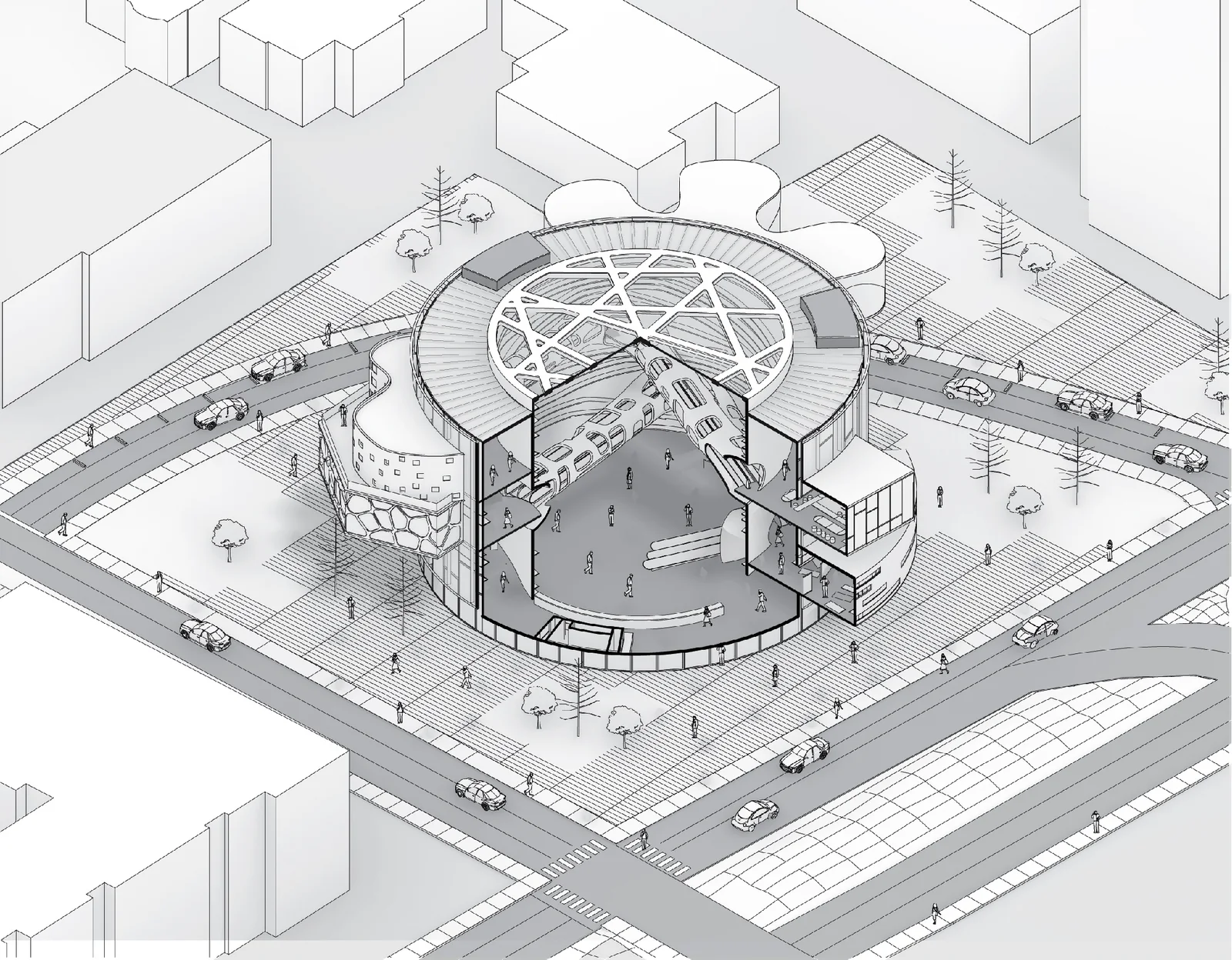 Axonometric drawing of the market in its block, the dome at the center
