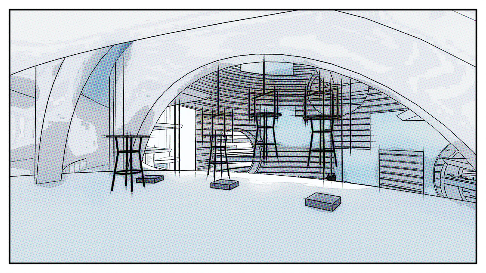 Storyboard frame: the empty market interior with its layered shelves