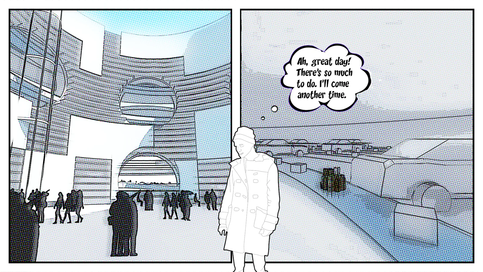 Storyboard frame: a visitor looking up at the shelves, a thought bubble above her