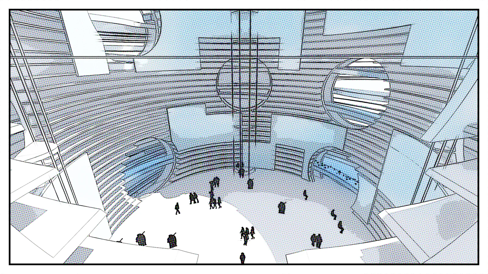 Storyboard frame: products on the belts moving to new positions on the shelves