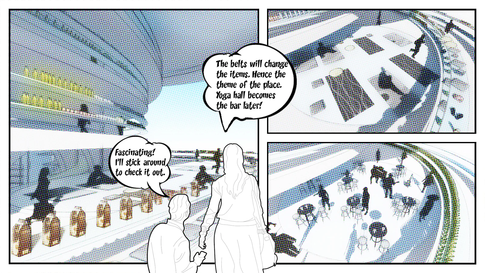Storyboard frame: shoppers walking the floor as the belts rearrange a themed display
