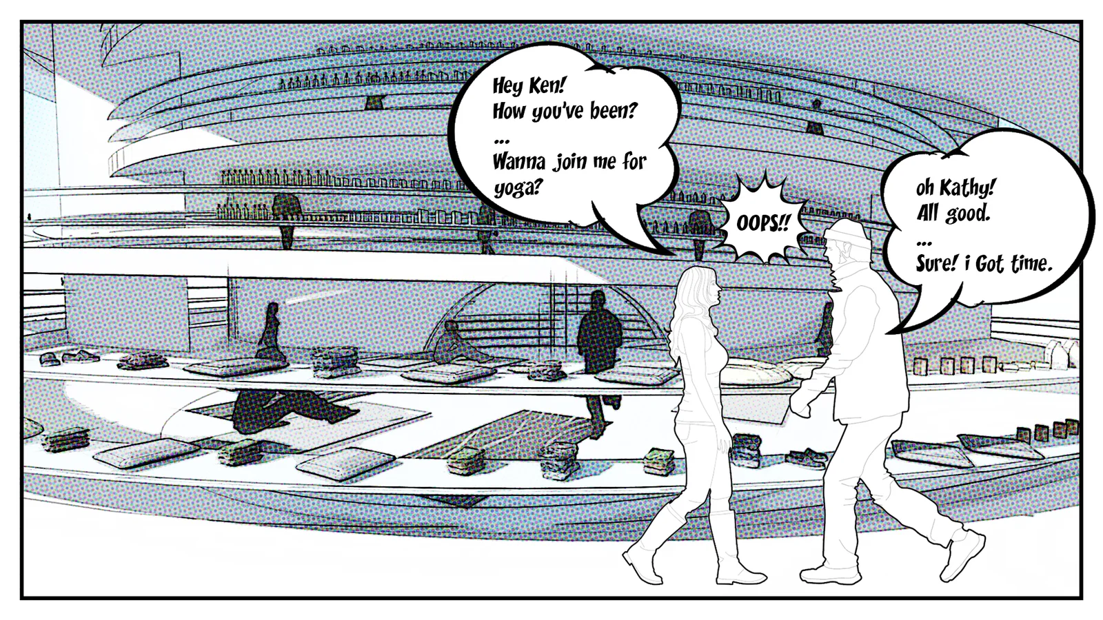 Storyboard frame: two shoppers greeting each other in the market