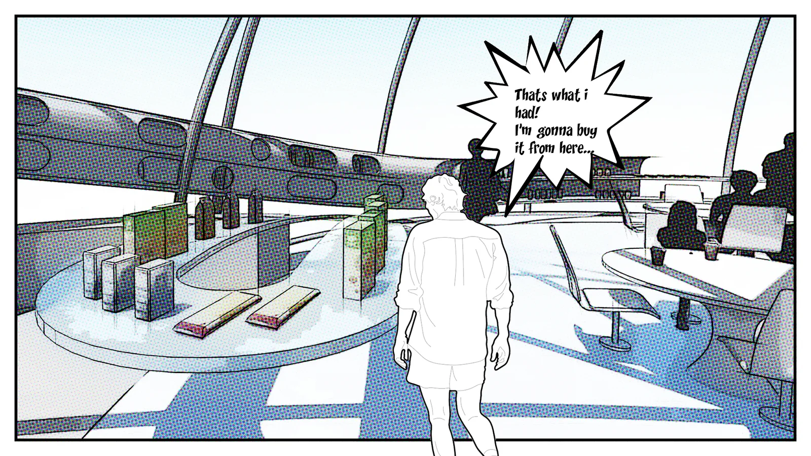 Storyboard frame: a shopper picking fruit from a belt-fed counter