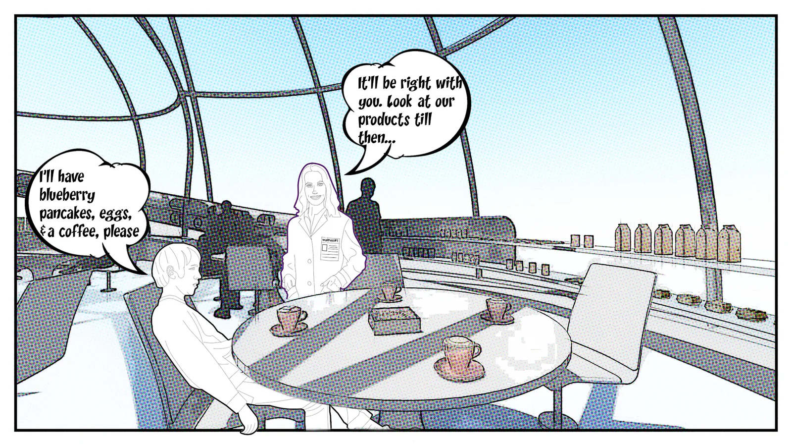 Storyboard frame: friends sharing a table under the dome