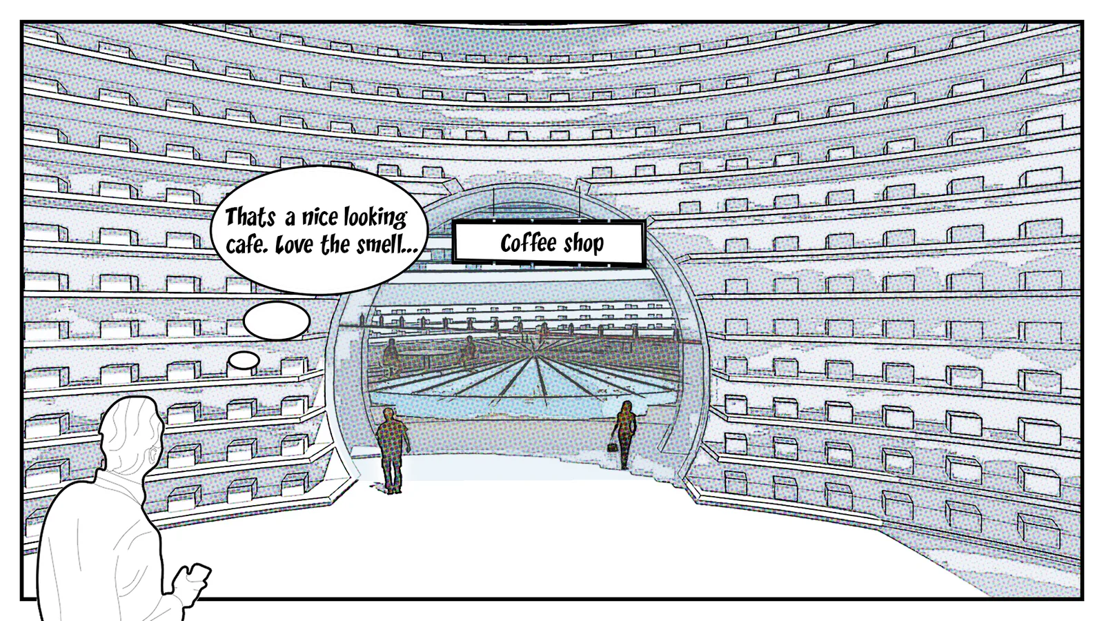 Storyboard frame: the café hub, with a server welcoming a guest
