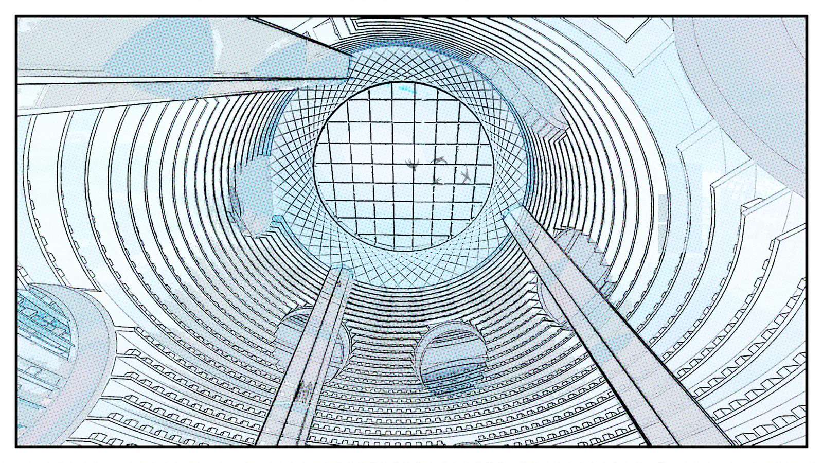Storyboard frame: looking up through the dome at the rings of shelving