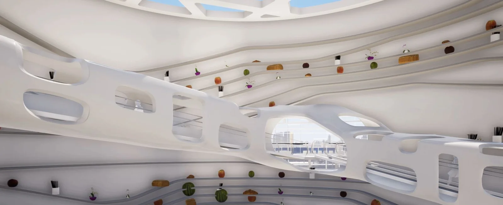 Rendering of a white market interior with layered ribbon-like shelves carrying produce under a glass dome