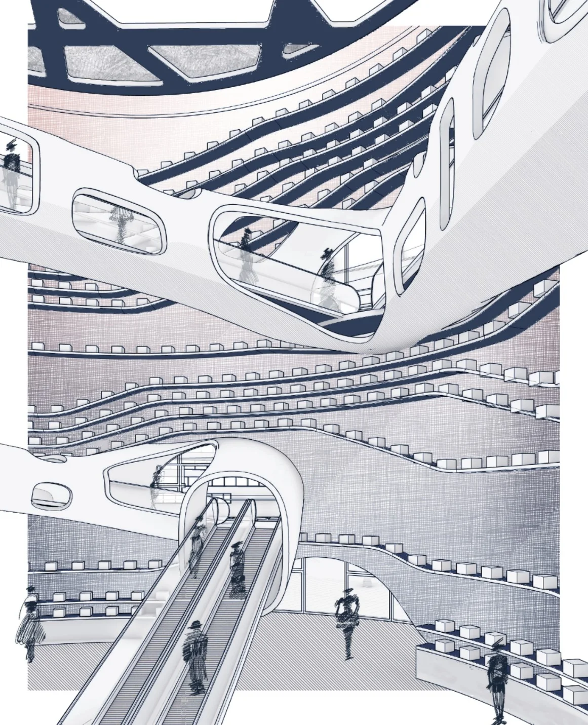 Rendered section through the market showing the stacked ribbon shelves and the core