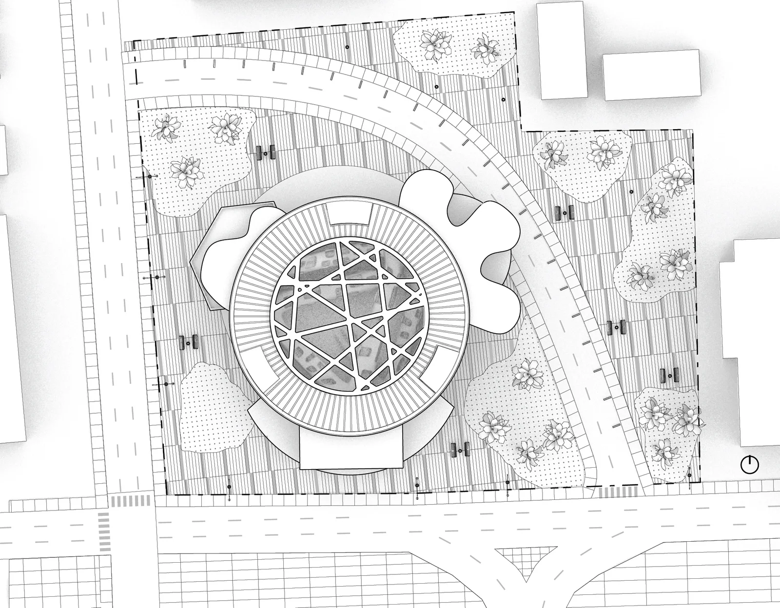 Line-drawn site plan with the round market set in a city block
