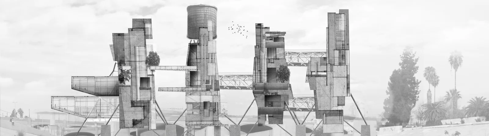 A wide grey elevation of four tall, loose steel towers standing on concrete pylons over a river, with palms behind