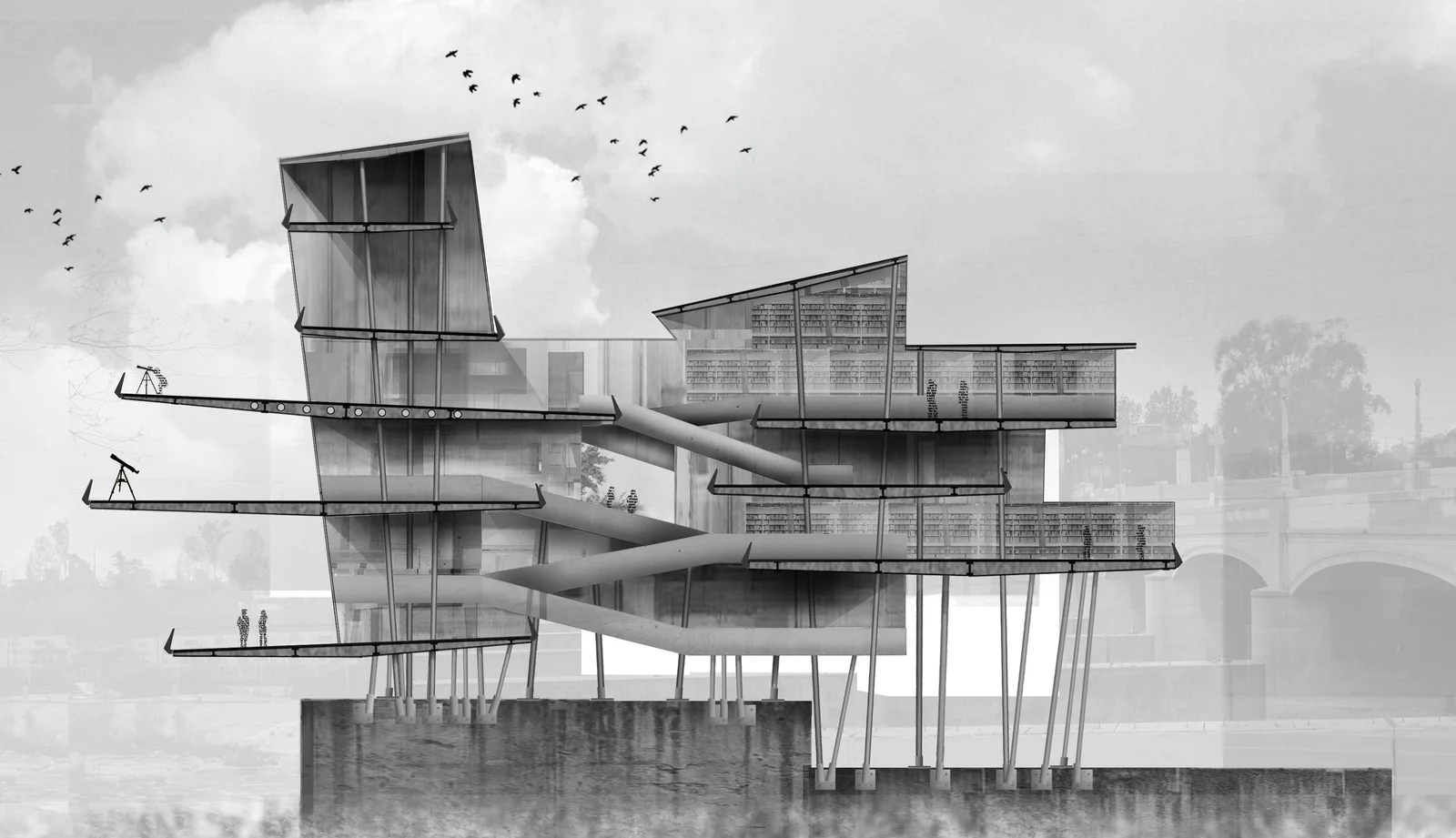 Grey rendering of a tower of stacked tilted decks on thin stilts, birds circling above