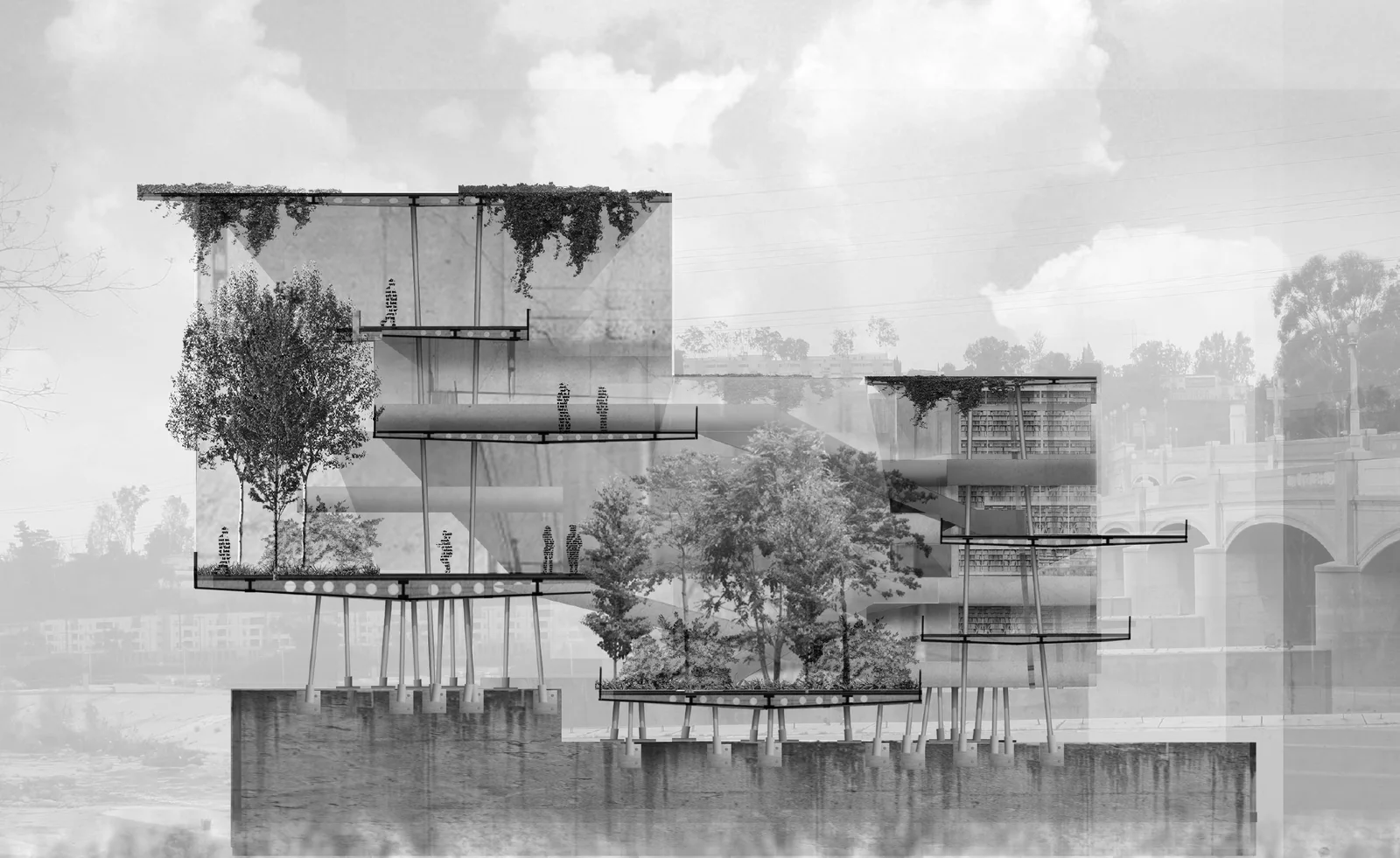 Grey rendering of a tower overgrown with trees and hanging plants