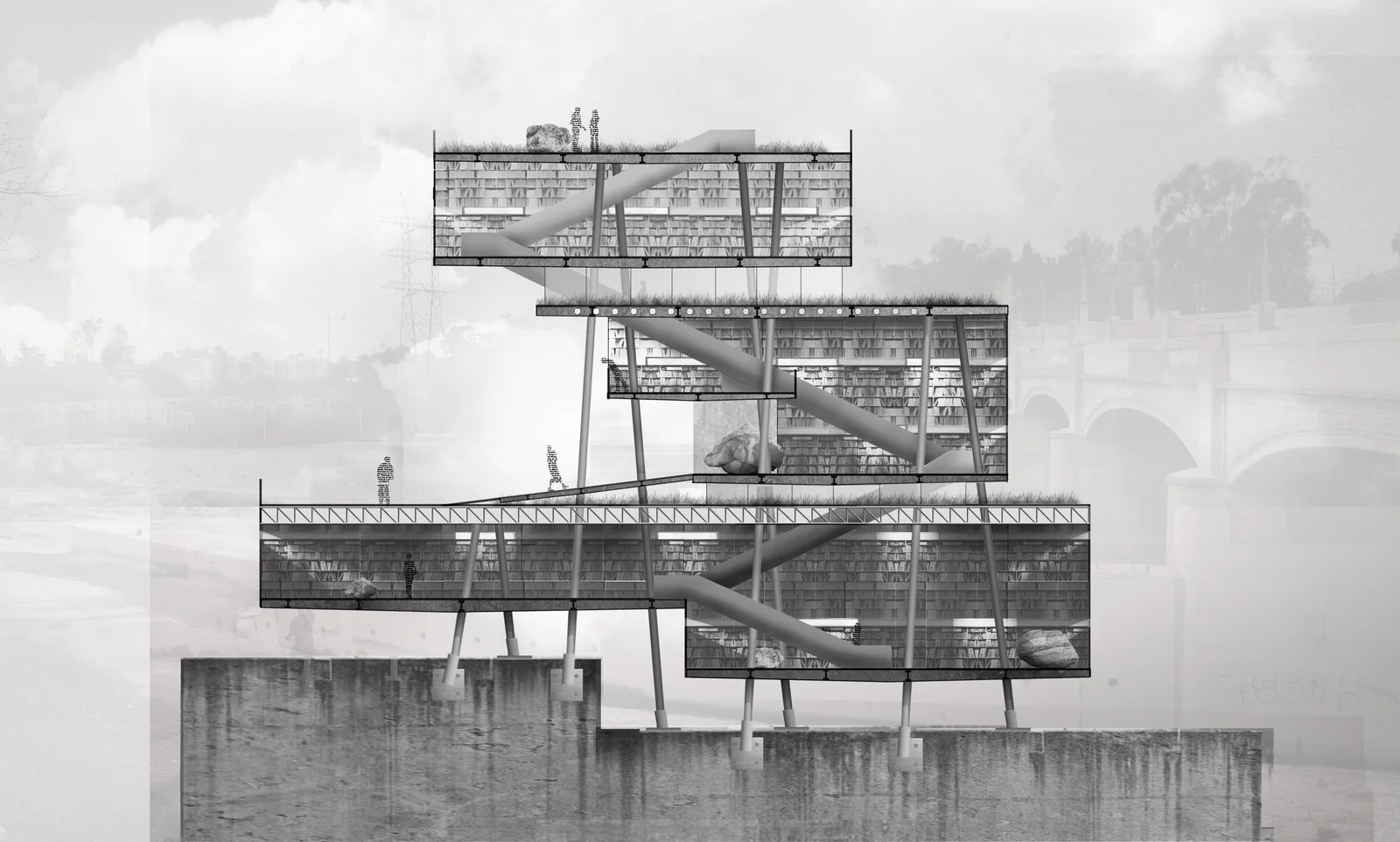 Grey rendering of a tower of shifted horizontal volumes with a long ramp climbing it