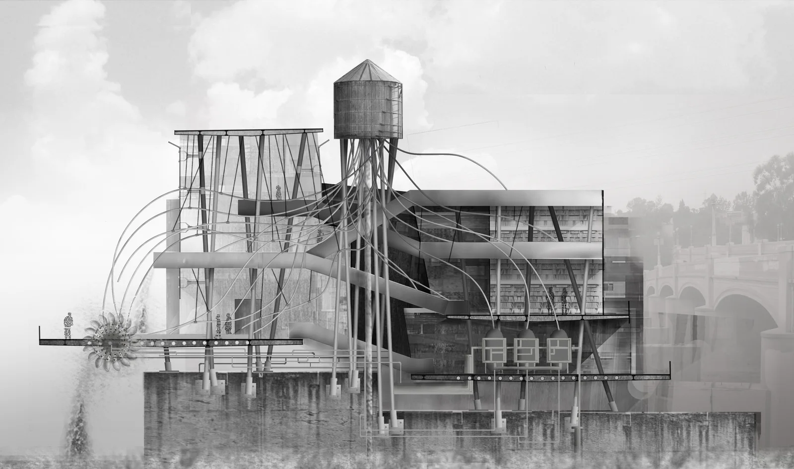Grey rendering of a tower with a water tank on top and pipes arcing down its side to the river