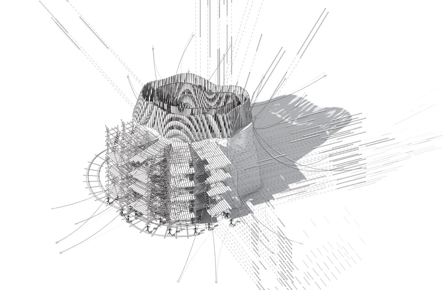 Axonometric line drawing of a layered tower with scaffolding, radiating lines around it