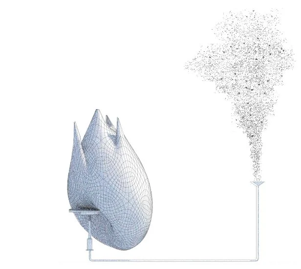 The bulb releasing a cloud of dots, drawn as a plume