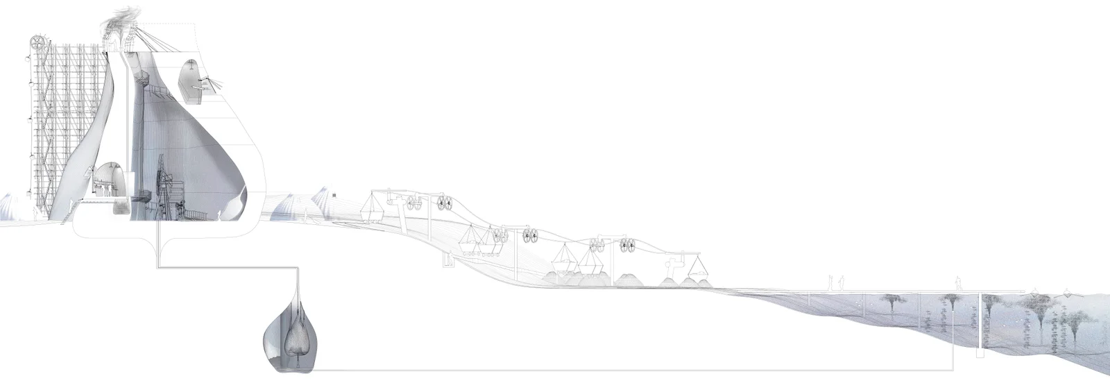 A very wide, faint elevation drawing of a pier structure with a tower at one end
