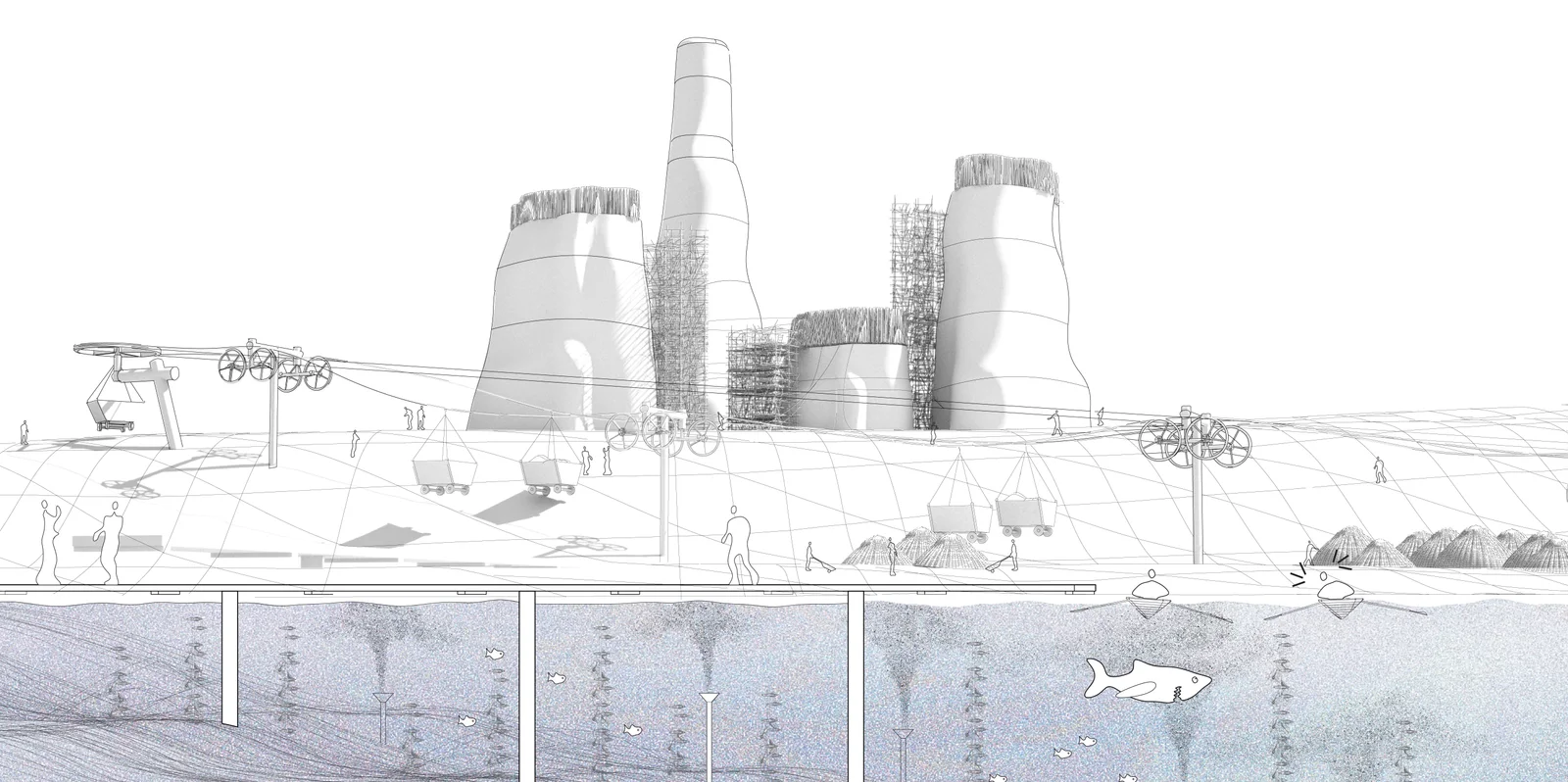 Line drawing of tall cast towers on a coast, with cable cars, carts of shells, and fish and oysters below the waterline