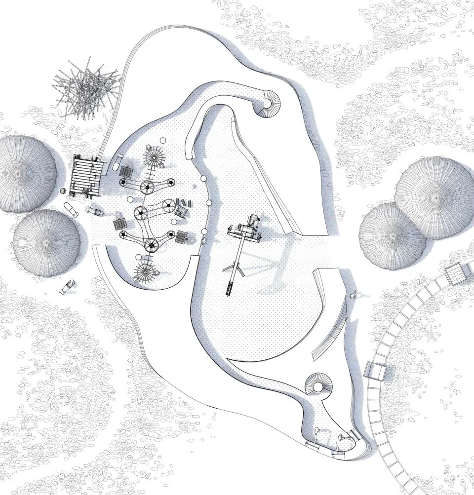 Plan of an island-like form with stippled vegetation around it and a small jetty