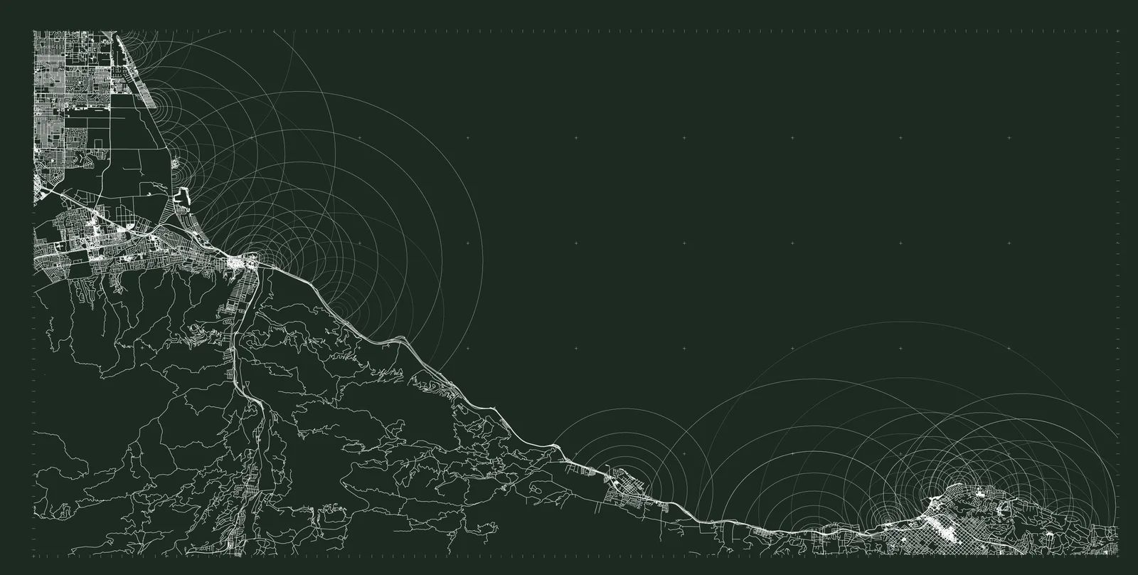 White line map of a coastline with city street grids, a river, and rings of circles radiating from points along the shore, on a dark ground