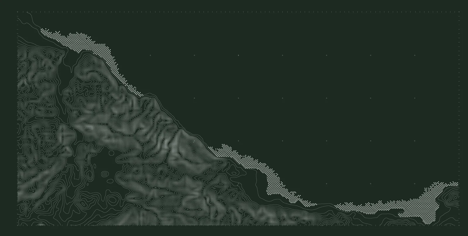 White contour lines of a mountainous shoreline with dotted areas along the water, on a dark ground