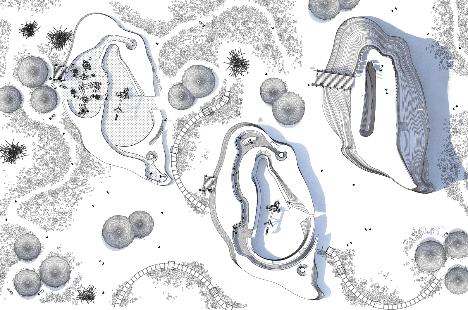 Plan drawing of two irregular island forms in grey and pale blue, with small figures and carts, among circles of stippled texture