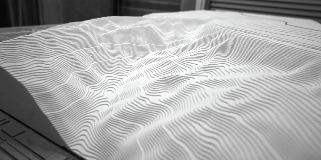 A white milled relief with fine contour lines, photographed close