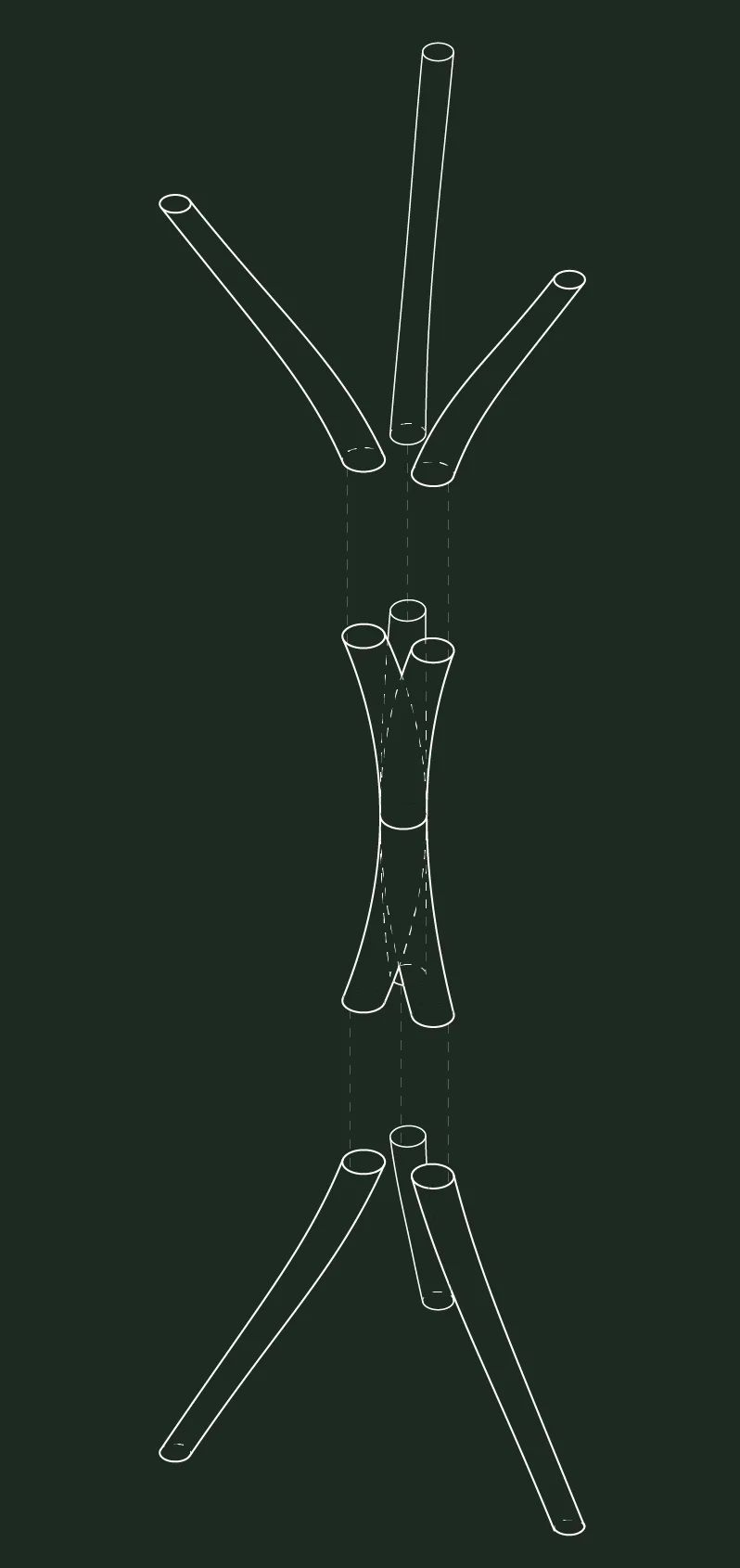 White line drawing of the rack's limbs and joints on a dark ground