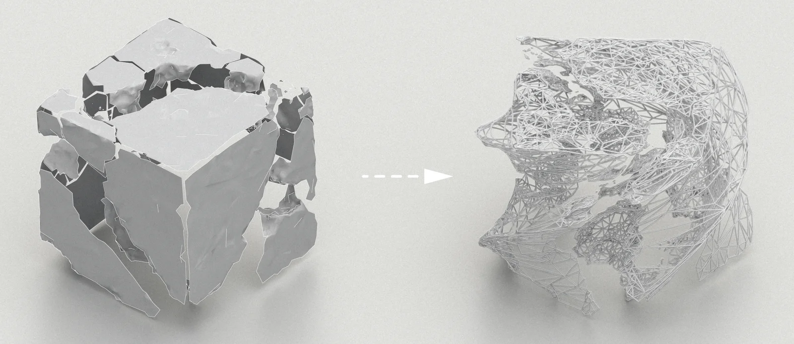 A fractured solid cube on the left, an arrow, and the same form on the right as an open wireframe lattice