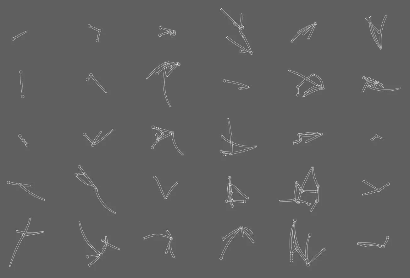 Dozens of small grey node variations laid out on a dark ground