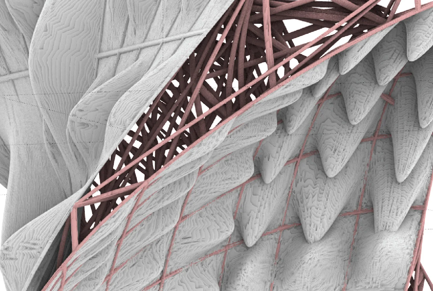 Close rendering of red pipework threading through a soft white scalloped surface