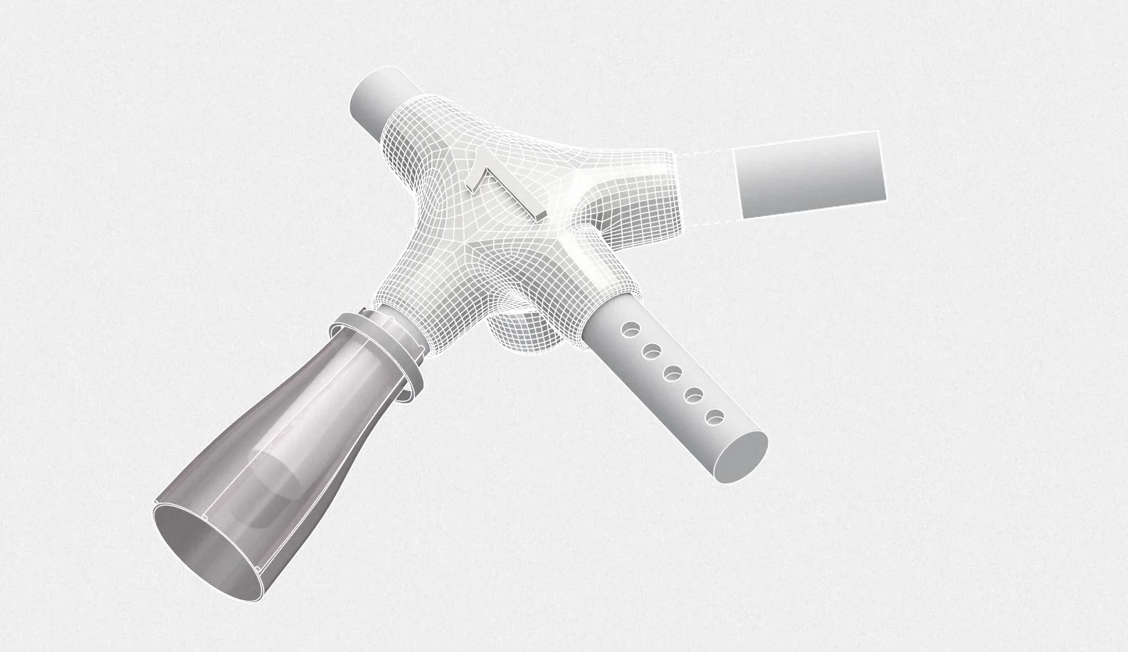 Rendering of a white four-armed node with a translucent sleeve on one arm