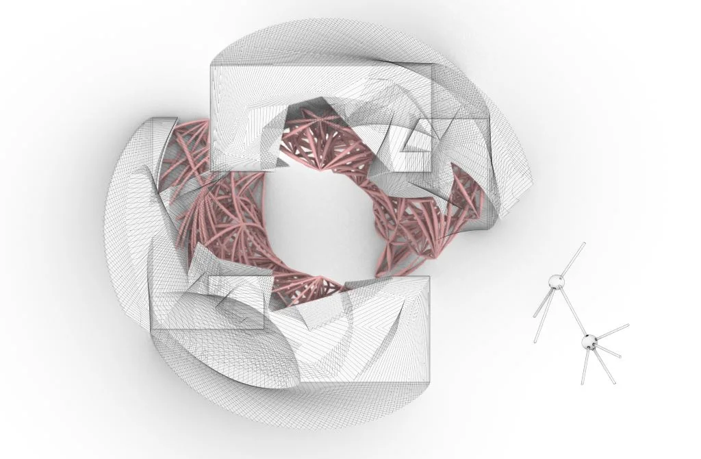 Plan view of the chosen form, a red lattice inside a folded white shell, with a small exploded diagram beside it