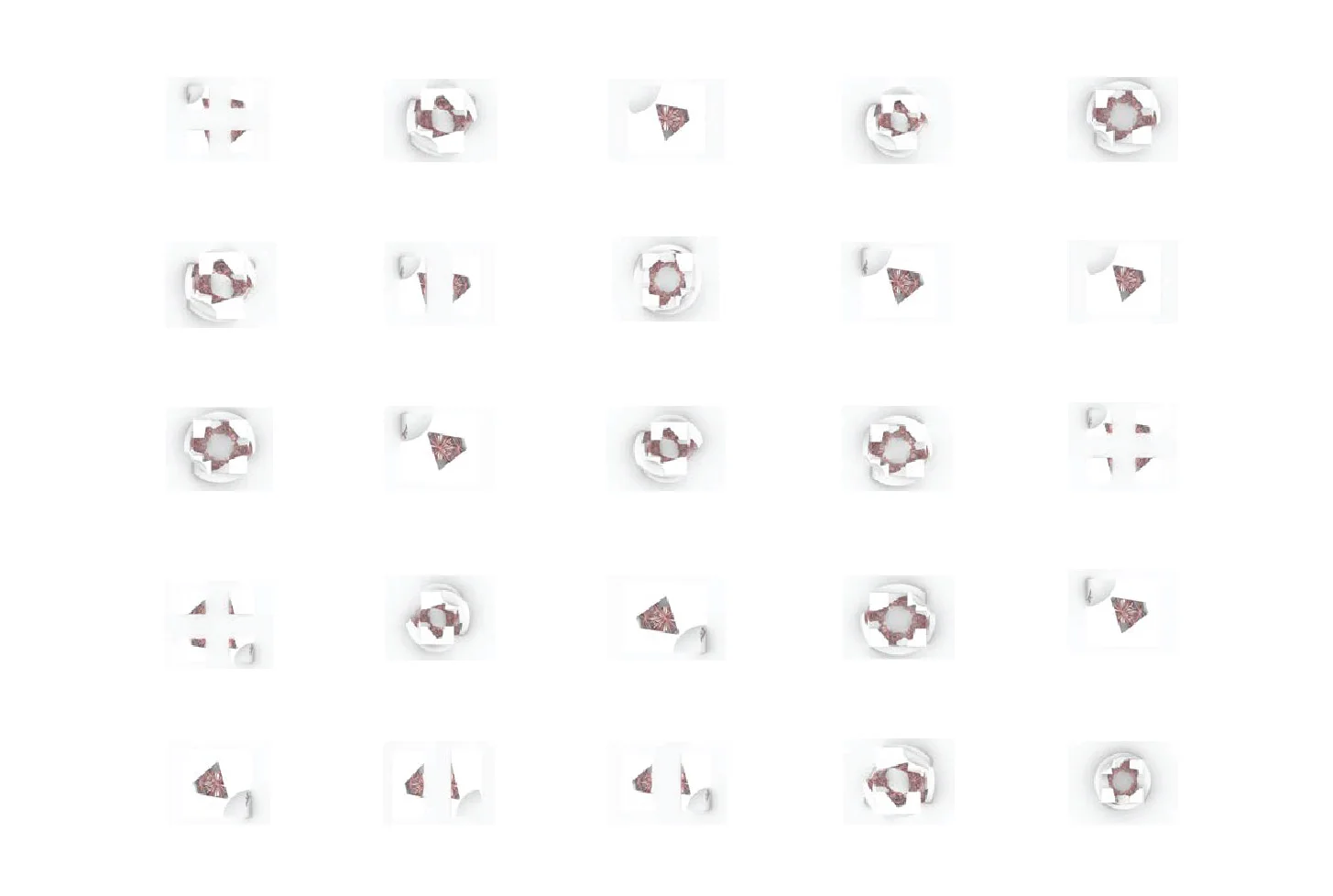 A grid of thirty small rendered variations of the fractured cube, in pale grey and rust