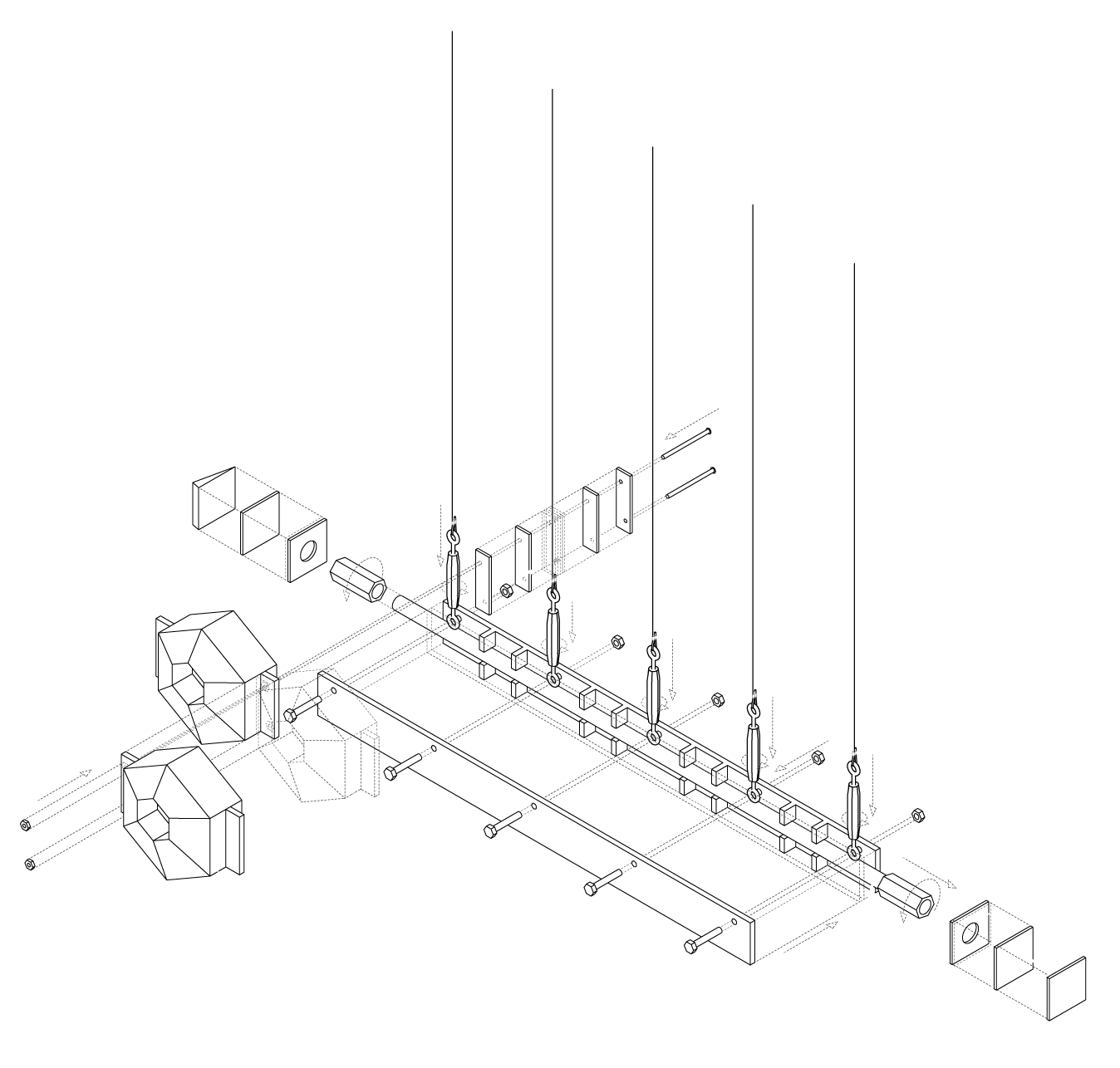 Exploded line drawing of the modules, cables and bars