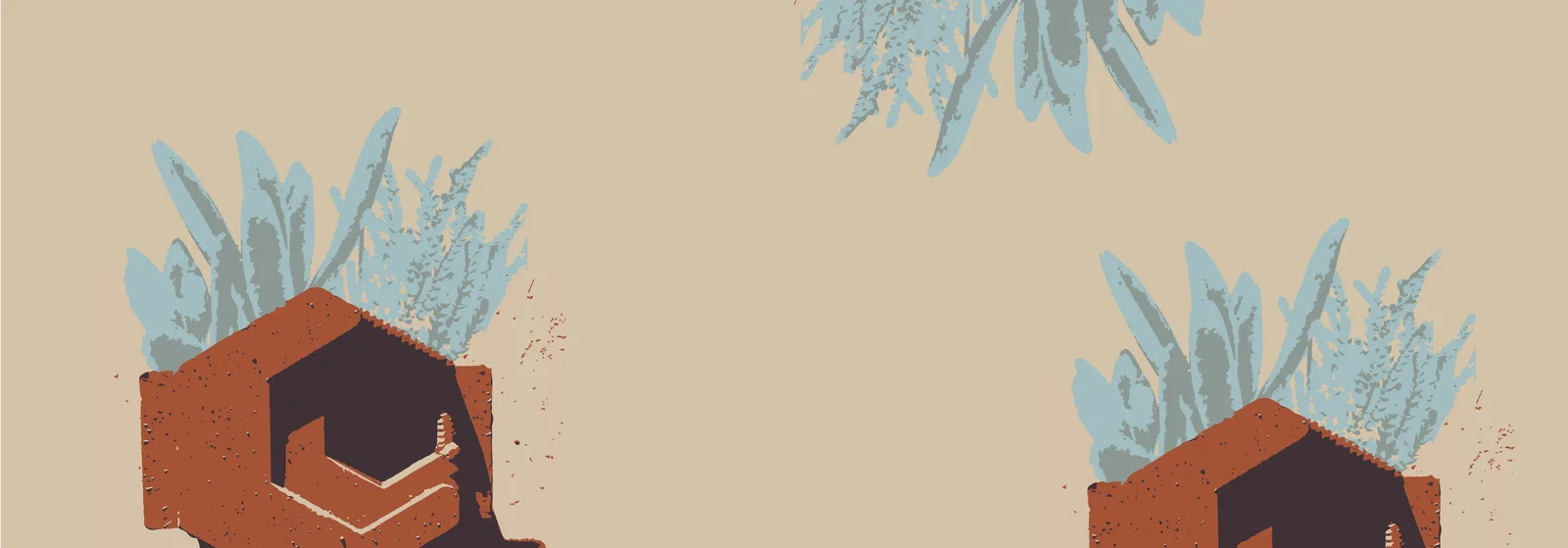 An illustration of two terracotta modules with blue succulents growing out of them, on a sand-colored ground