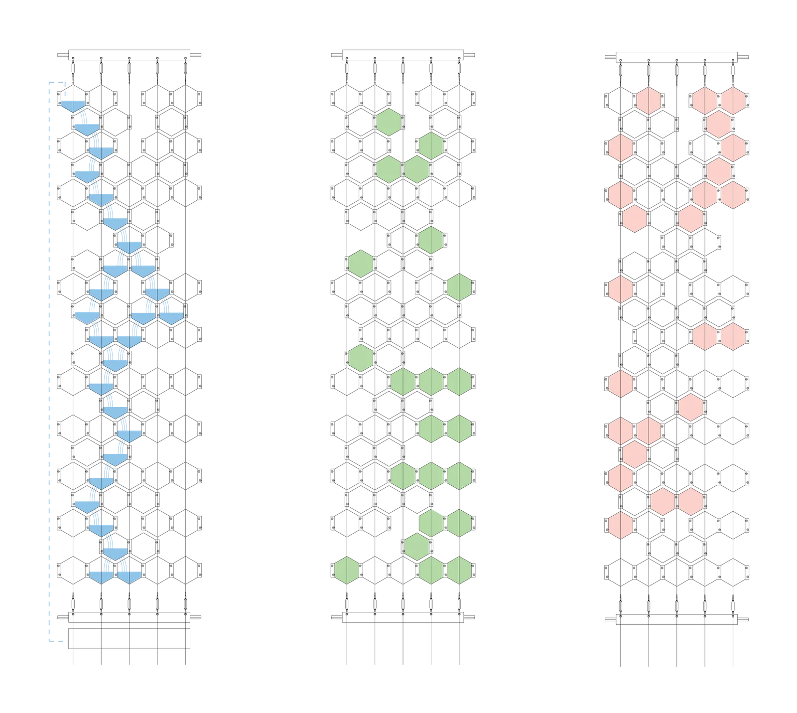 Three diagrams of the hexagonal lattice with clay, water and plant modules marked in blue, green and pink