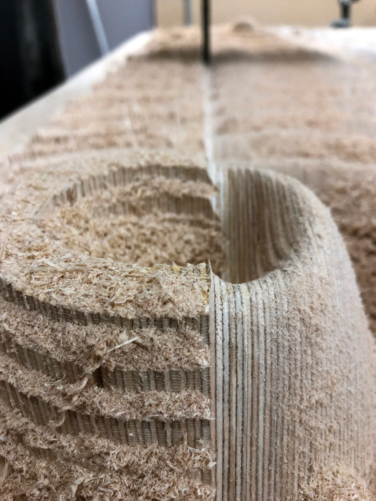 Close-up of a freshly milled ridge with sawdust on it