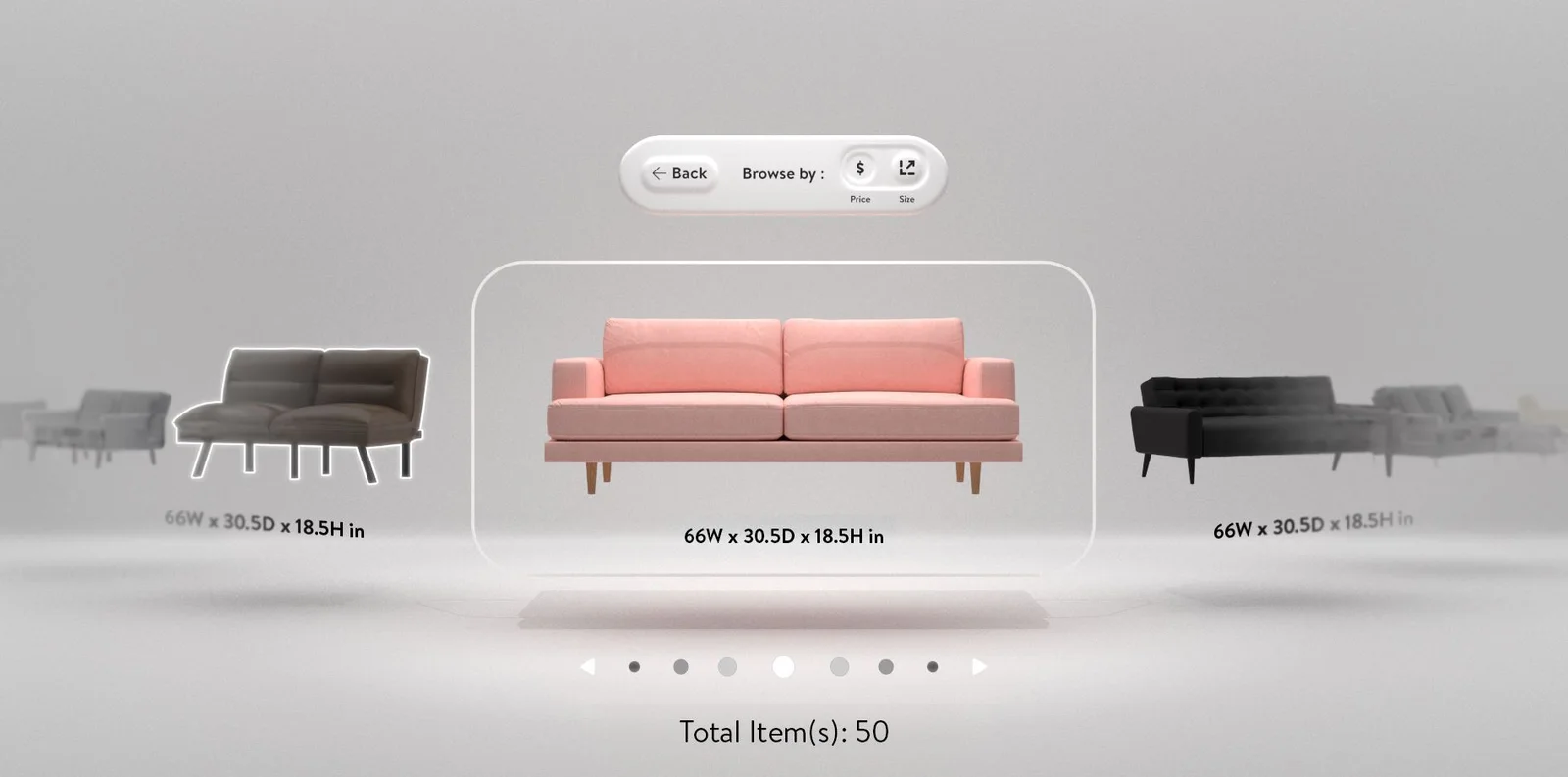 A sofa floating in a grey virtual showroom with neighbouring sofas to either side for comparison