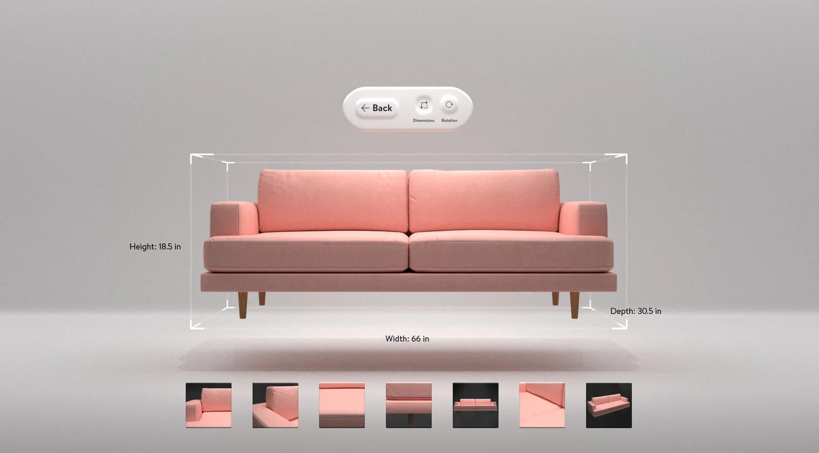 A sofa with its height, width and depth marked and a strip of detail thumbnails below